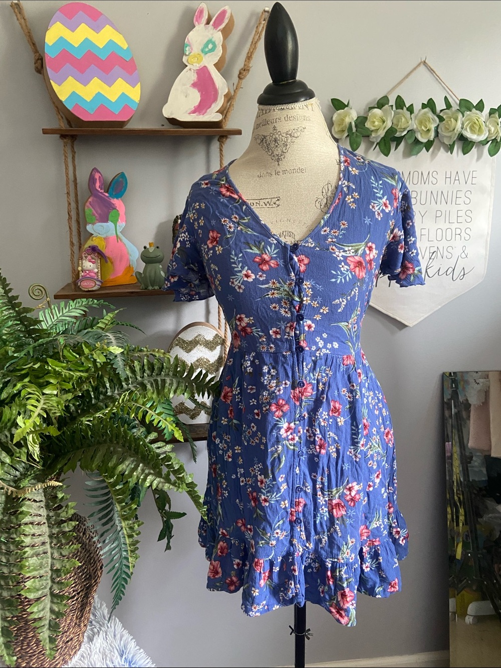 Xhilaration SMALL Floral Button-Front Tie Back Blue Summer Dress